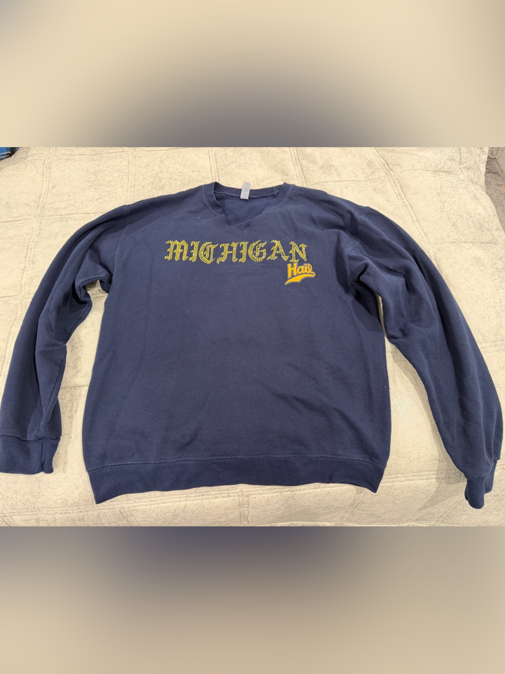 Navy Blue Michigan Crewneck Sweatshirt with Yellow Logo - cut out v at neck